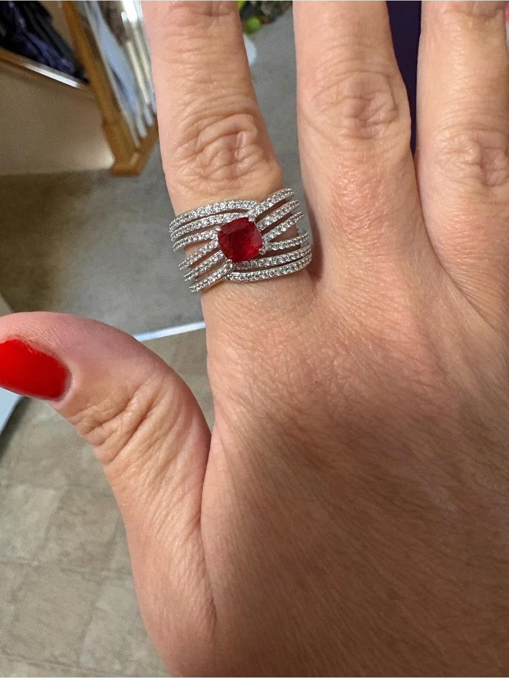 Bp- rhodium & red stone- SIZE 9- NO BAG OR TAG